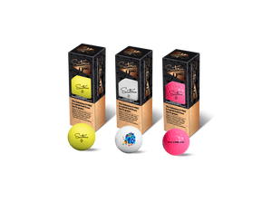 Image of Saintnine U-Pro pink, white, and yellow golf ball sleeves. 